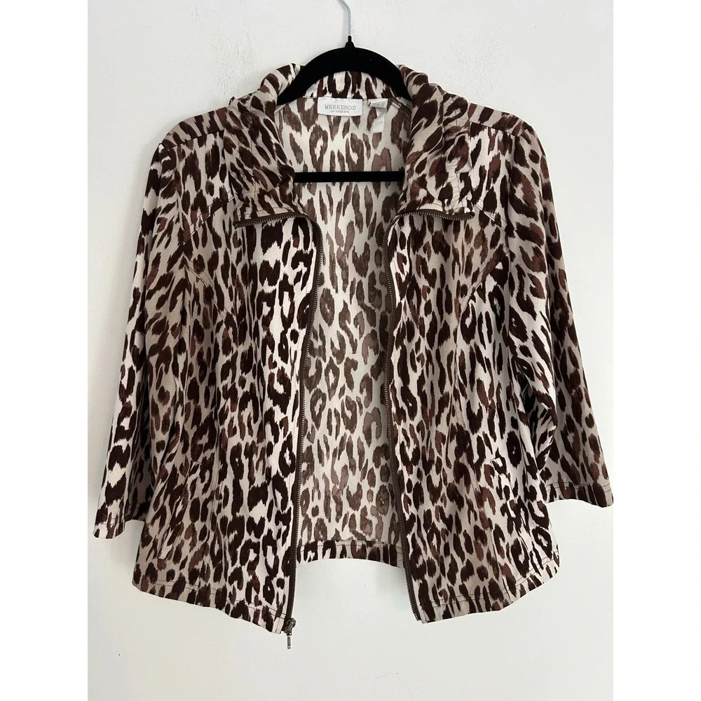 Chicos Weekends Leopard Print Zip Front Jacket Brown Cream 3/4 Sleeve Size 1 M